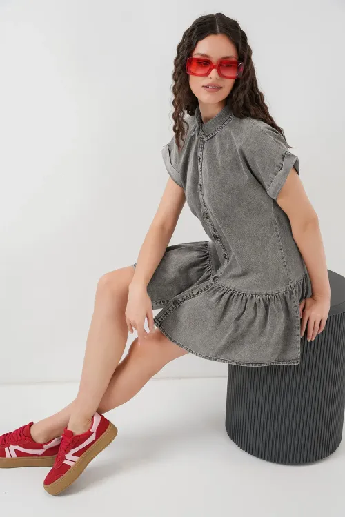 Kadın Kısa Kot Elbise 2530 - Füme