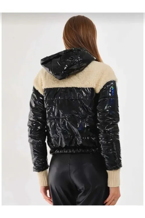 Kadın Krem Siyah Rugan  İçi Astarlı Beli Lastikli Kapüşonlu Crop Peluş Mont HZL24W-BRC144441