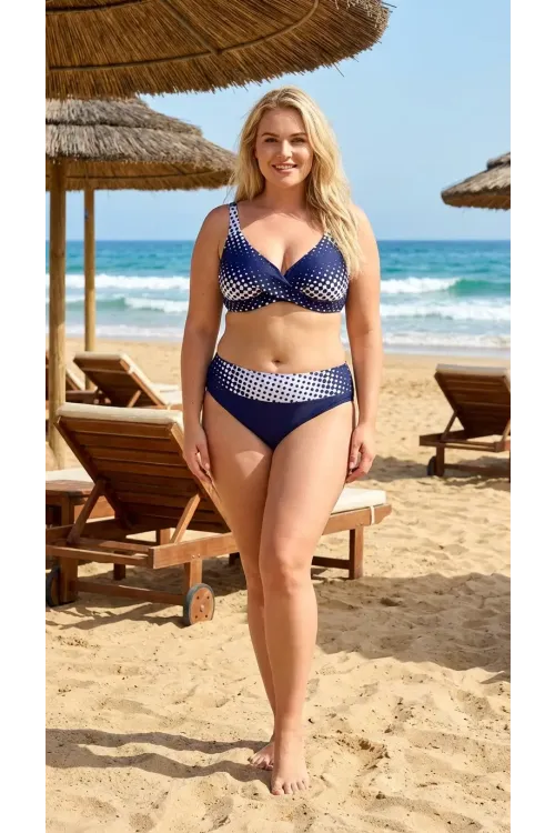 Kadın Lacivert Beyaz Puantiyeli Büyük Beden Astarlı Bikini Takım HZL26S-LC21202-6