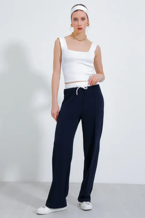 Kadın Lacivert Bol Paça Çımalı Pantolon 6662