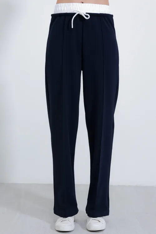 Kadın Lacivert Bol Paça Çımalı Pantolon 6662