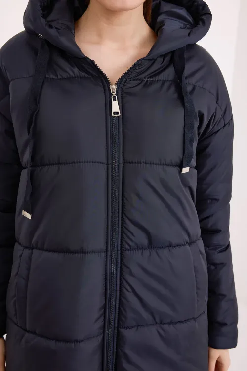 Kadın Lacivert Kapşonlu Uzun Şişme Mont 5120