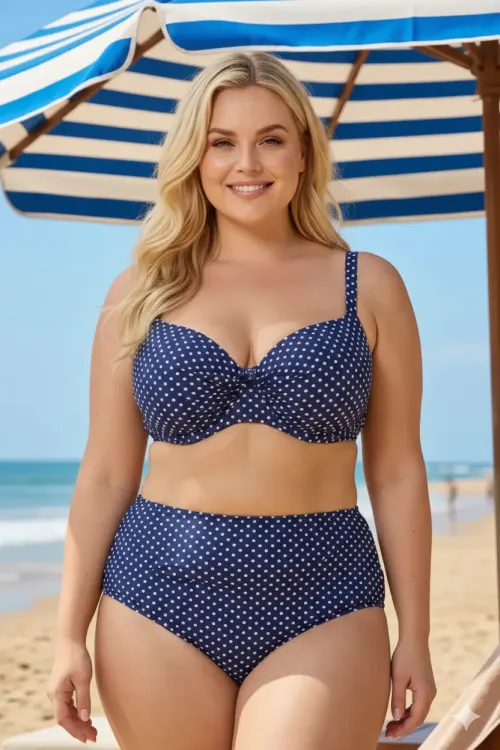 Kadın Lacivert Puantiyeli  Yüksel Bel Toparlayıcı  Astarlı Bikini Takım HZL26S-LC2217