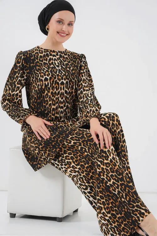 Kadın Leopar Tunik Pantolon Alt Üst Takım 6663