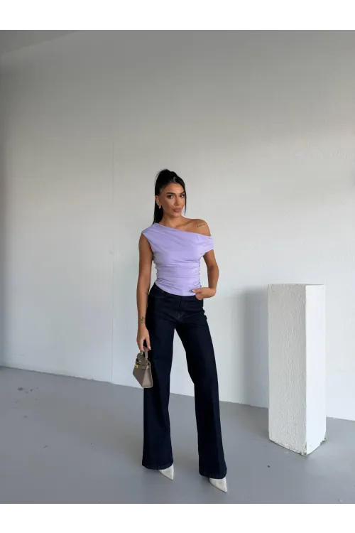Kadın Lila Yandan Drapeli Kayık Yaka Sandy Bluz HZL25S-FRY123201