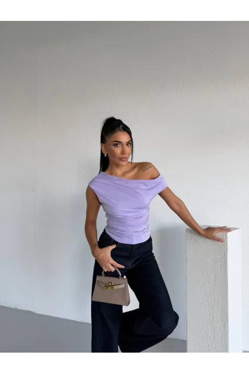 Kadın Lila Yandan Drapeli Kayık Yaka Sandy Bluz HZL25S-FRY123201