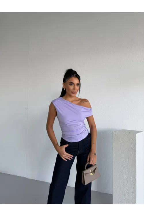 Kadın Lila Yandan Drapeli Kayık Yaka Sandy Bluz HZL25S-FRY123201