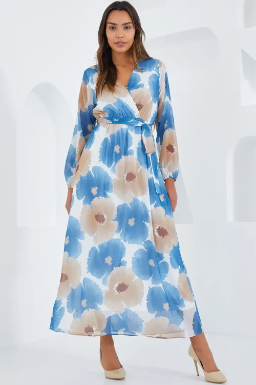 Kadın Mavi Bej Çiçek Desenli Şifon Elbise 2134