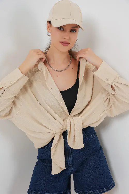 Kadın Örme Oversize Gömlek 20264 - Bej
