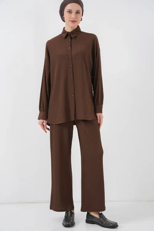 Kadın Örme Tesettür Alt Üst Takım 6711 - Kahverengi