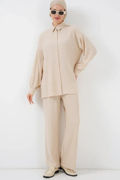 Kadın Örme Tesettür Alt Üst Takım 6711 - Krem