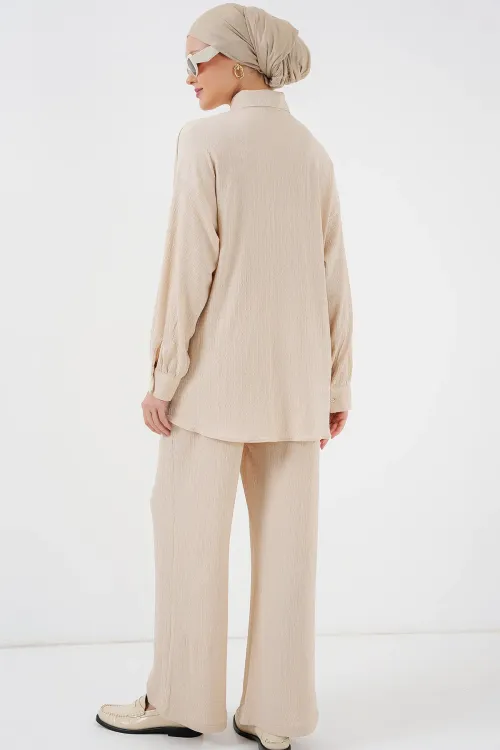 Kadın Örme Tesettür Alt Üst Takım 6711 - Krem