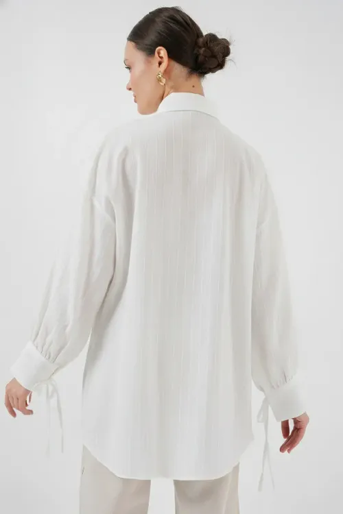 Kadın Oversize Bağcıklı Gömlek 5954 - Beyaz