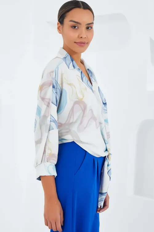 Kadın Oversize Dökümlü Crop Saten Gömlek 906 - Mavi