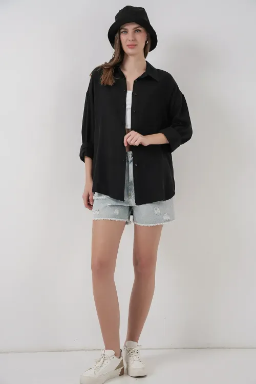 Kadın Oversize Viskon Gömlek 3785 - Siyah