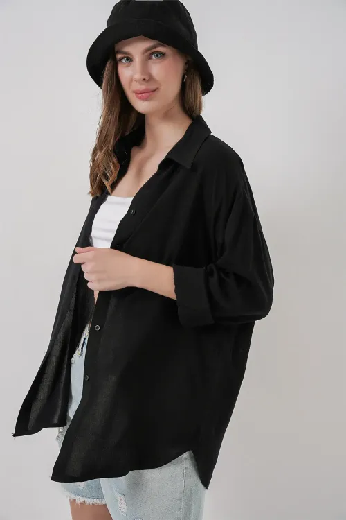 Kadın Oversize Viskon Gömlek 3785 - Siyah