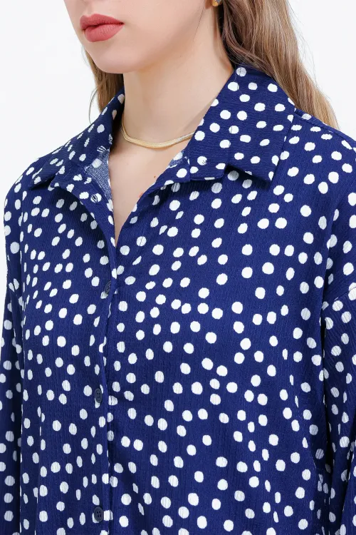 Kadın Puantiyeli Lacivert Ekru Örme İkili Takım 5858