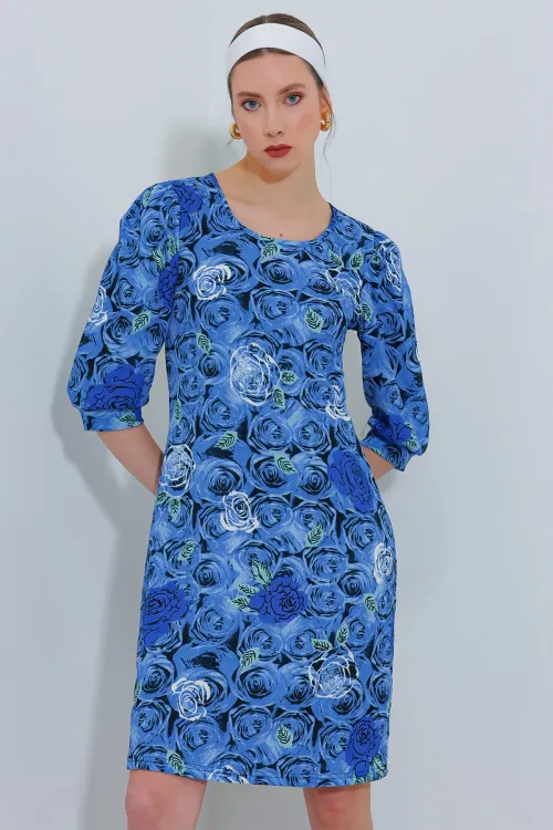 Kadın Saks Gül Desenli Midi Elbise 2477