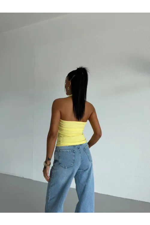 Kadın Sarı Ottoman Kumaş Halter Yaka Toka Detay Bluz HZL26W-FRY123321