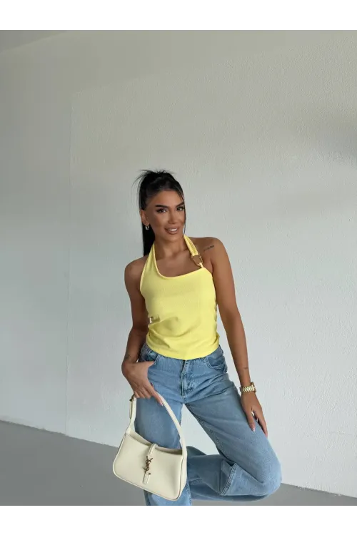 Kadın Sarı Ottoman Kumaş Halter Yaka Toka Detay Bluz HZL26W-FRY123321