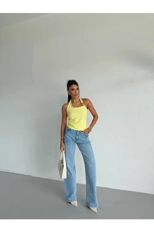 Kadın Sarı Ottoman Kumaş Halter Yaka Toka Detay Bluz HZL26W-FRY123321