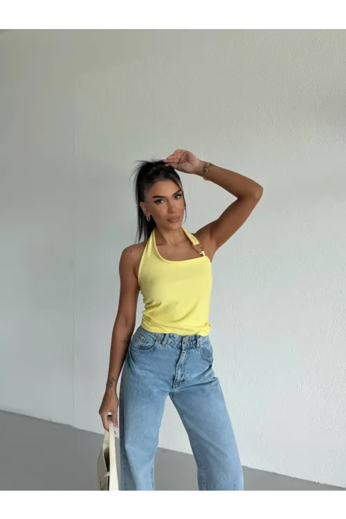 Kadın Sarı Ottoman Kumaş Halter Yaka Toka Detay Bluz HZL26W-FRY123321