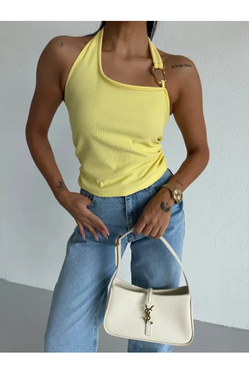 Kadın Sarı Ottoman Kumaş Halter Yaka Toka Detay Bluz HZL26W-FRY123321