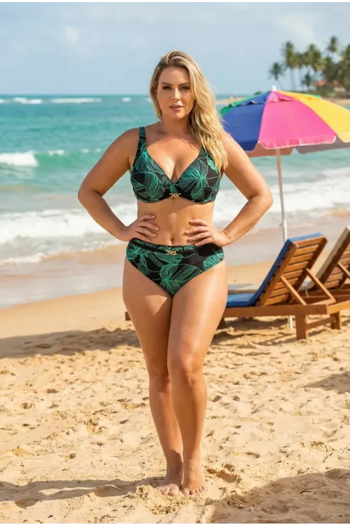 Kadın Siyah Açık Yeşil Aksesuar Detaylı Astarlı Büyük Beden Bikini Takımı HZL25S-LC25147