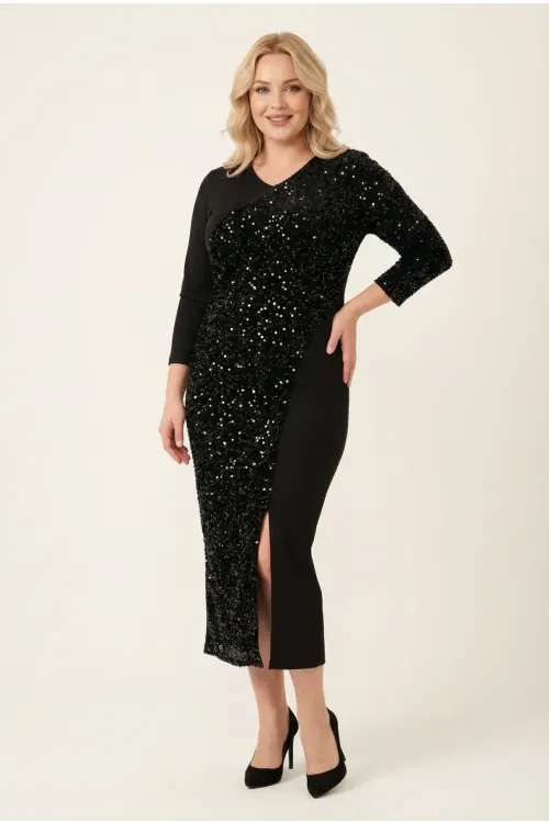 Kadın Siyah Büyük Beden Kruvaze Yaka Pul Payet Detay Abiye Elbise HZL26W-PR10071