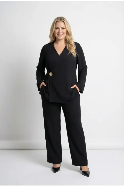 Kadın Siyah Büyük Beden Kruvaze Yaka Yandan Bağlamalı Tokalı Abiye Takım HZL26W-PR10121