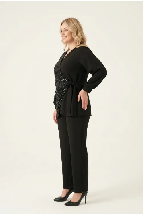 Kadın Siyah Büyük Beden Payet Detaylı Pantolon Bluz Abiye Takım HZL26W-PR10011