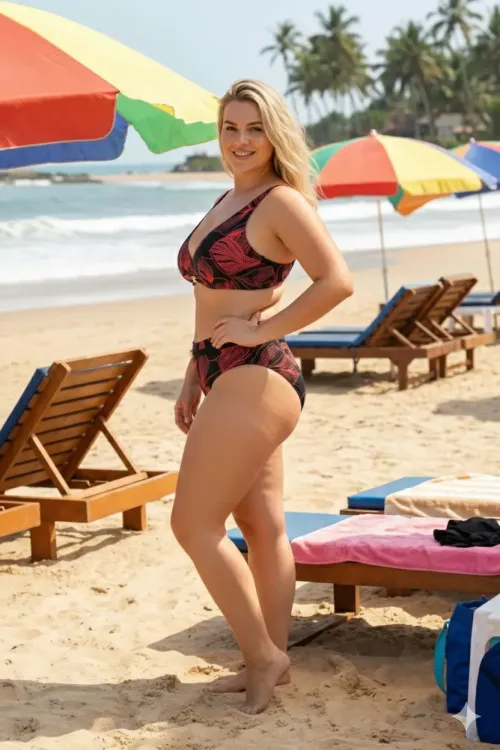 Kadın Siyah Kırmızı Aksesuar Detaylı Astarlı Büyük Beden Bikini Takımı HZL25S-LC25147