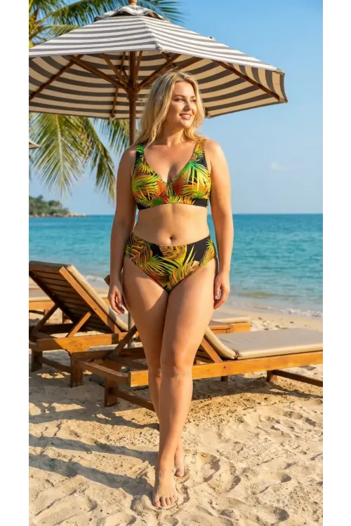 Kadın Siyah Sarı Yaprak Desenli Büyük Beden Astarlı Bikini Takımı HZL26S-LC25152-1