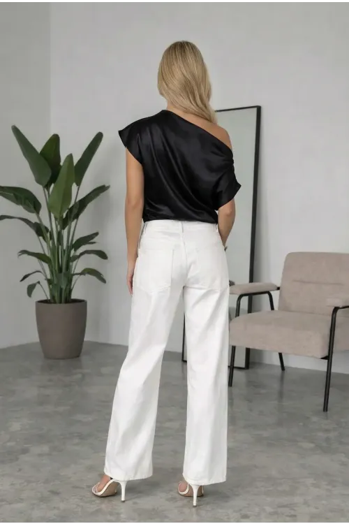 Kadın Siyah Tek Omuz Asimetrik Kesim Saten Bluz HZL26W-FRY121171