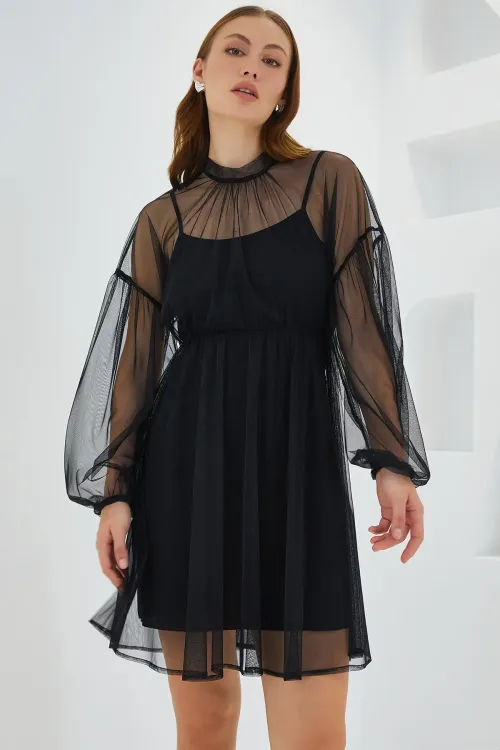 Kadın Siyah Tül Detaylı Mini Elbise 2485