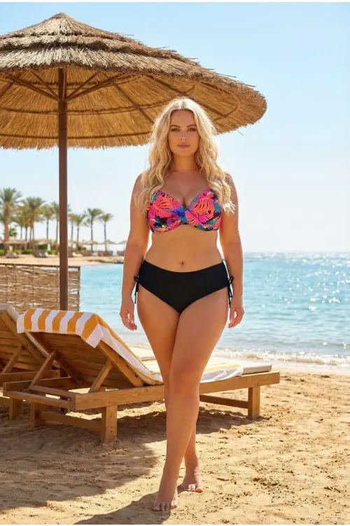 Kadın Siyah Turuncu Çok Renkli Büyük Beden Astarlı Bikini Takım HZL26S-LC3832