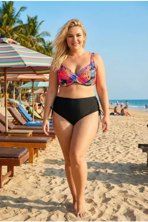 Kadın Siyah Turuncu Çok Renkli Büyük Beden Astarlı Bikini Takım HZL26S-LC3832