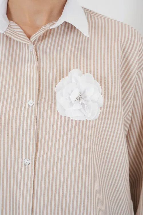 Kadın Uzun Çizgili Gömlek 5962 - Bej