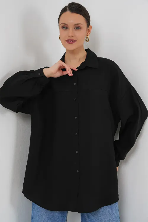 Kadın Uzun Oversize Gömlek 5965 - Siyah