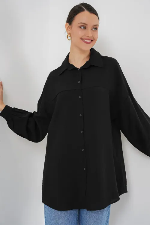Kadın Uzun Oversize Gömlek 5965 - Siyah
