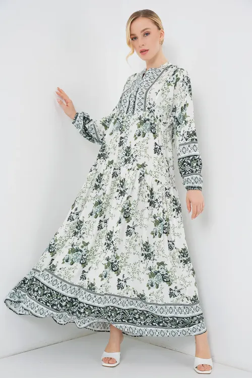 Kadın Yeşil Beyaz Lacivert Viskon Tesettür Elbise 2423