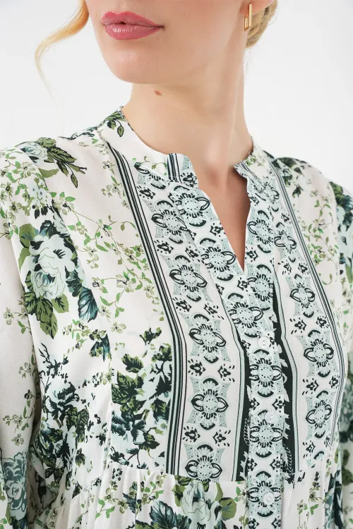 Kadın Yeşil Beyaz Lacivert Viskon Tesettür Elbise 2423