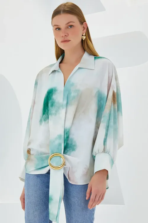 Kadın Yeşil Ekru Oversize Dökümlü Saten Gömlek 907