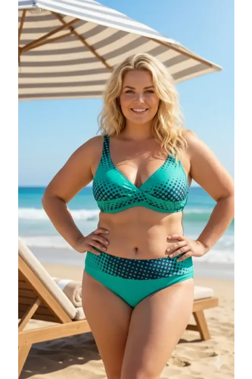 Kadın Yeşil Lacivert Puantiyeli Büyük Beden Astarlı Bikini Takım HZL26S-LC21202-6