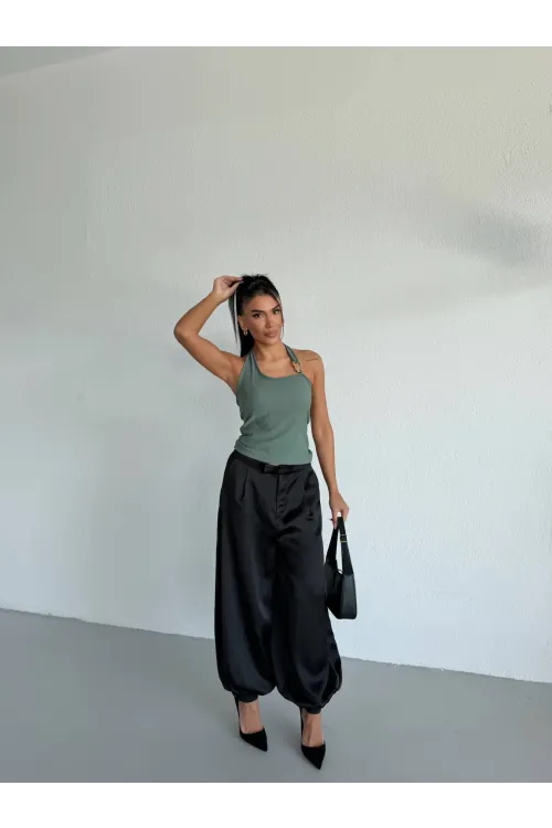 Kadın Yeşil Ottoman Kumaş Halter Yaka Toka Detay Bluz HZL26W-FRY123321