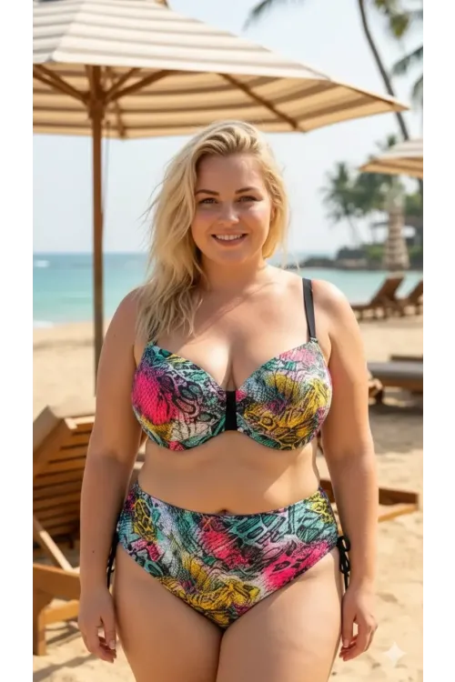 Kadın Yeşil Pembe Leopar Desenli Astarlı Büyük Beden Bikini Takımı HZL26S-LC506