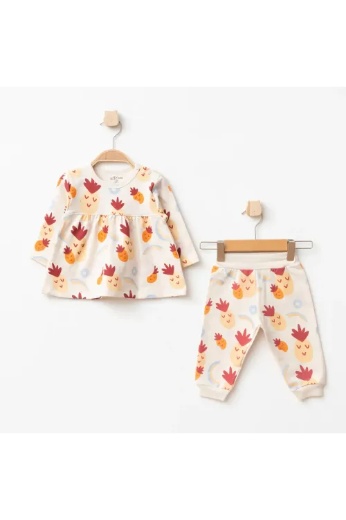 Kız Bebek Ananas Desenli % 100 Pamuk Sweatshirt Pantolon 2  li Alt Üst Bebek Takımı 3 Ay-36 Ay