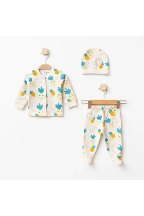 Kız Bebek Ananas Desenli Hırka Pantolon Bere 3  lü Alt Üst Bebek Takımı 0 Ay - 6 Ay