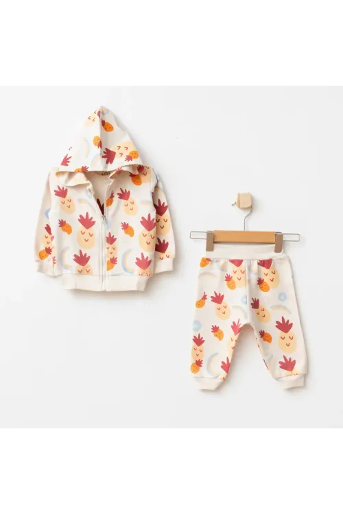 Kız Bebek Ananas Desenli Sweatshirt Pantolon T-shirt 3 lü Alt Üst Bebek Takımı 3Ay - 36Ay