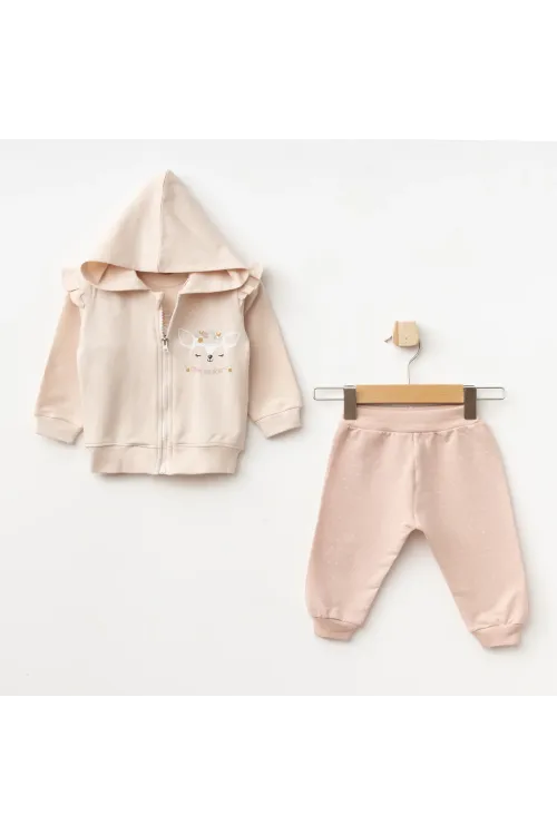 Kız Bebek Animal Desenli Sweatshirt Pantolon T-shirt 3 lü Alt Üst Bebek Takımı 3 Ay-36 Ay